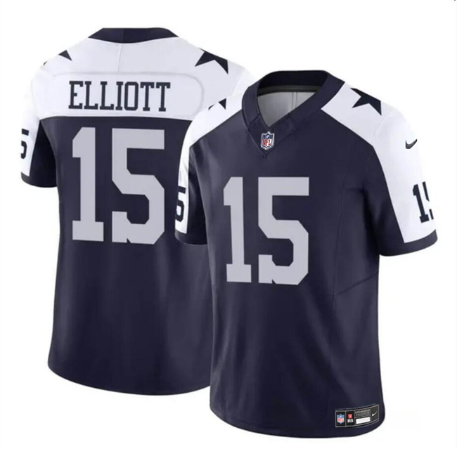 Men's Dallas Cowboys #15 Ezekiel Elliott Navy/White 2023 F.U.S.E Thanksgiving Vapor Limited Football Stitched Jersey